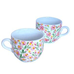 Terra Pink Rose Floral Hand Painted Ceramic 16oz Large Coffee Mugs Set Of 2